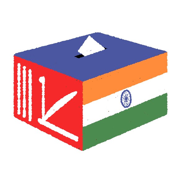 3D illustration of ballot box with Indian flag colors and Jammu and Kashmir region outline