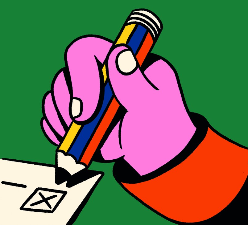 Colorful illustration of a pink hand holding a striped pencil, marking an X on a ballot or voting paper
