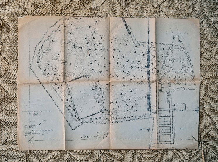 Hand-drawn architectural plans and drawings by Pietro Porcinai for a villa garden in Florence showing detailed landscape design