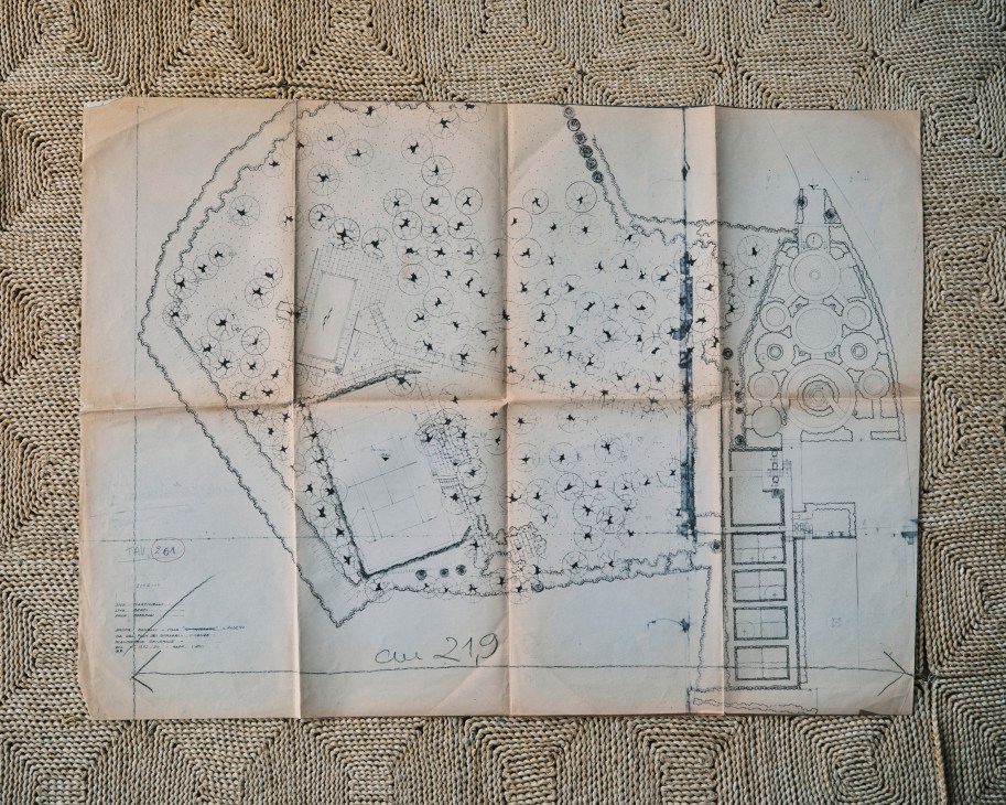 Hand-drawn architectural plans and drawings by Pietro Porcinai for a villa garden in Florence showing detailed landscape design