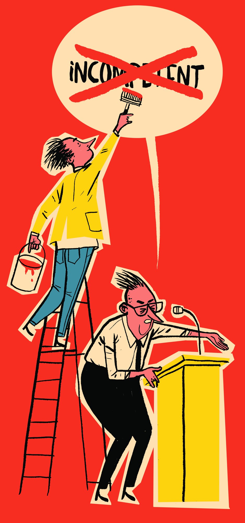 Illustration of two figures painting over the word 'incompetent' on a large red circle against a red background.