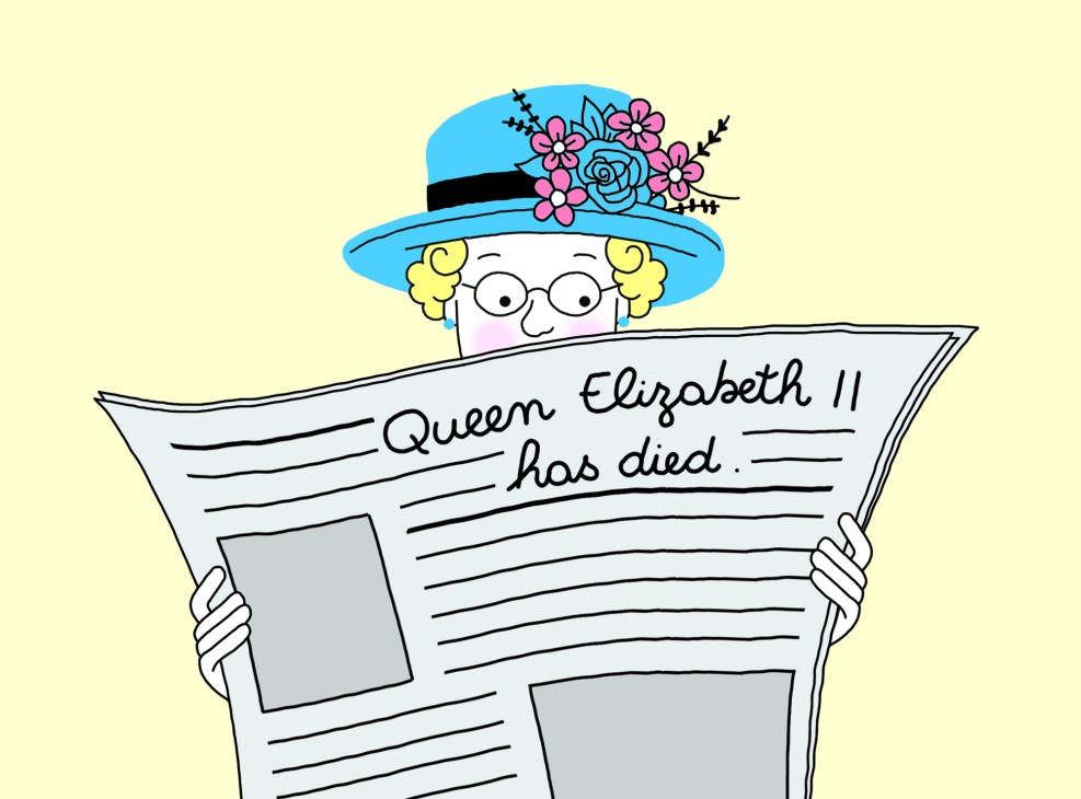 Illustration of Queen Elizabeth II reading newspaper with headline about her own death