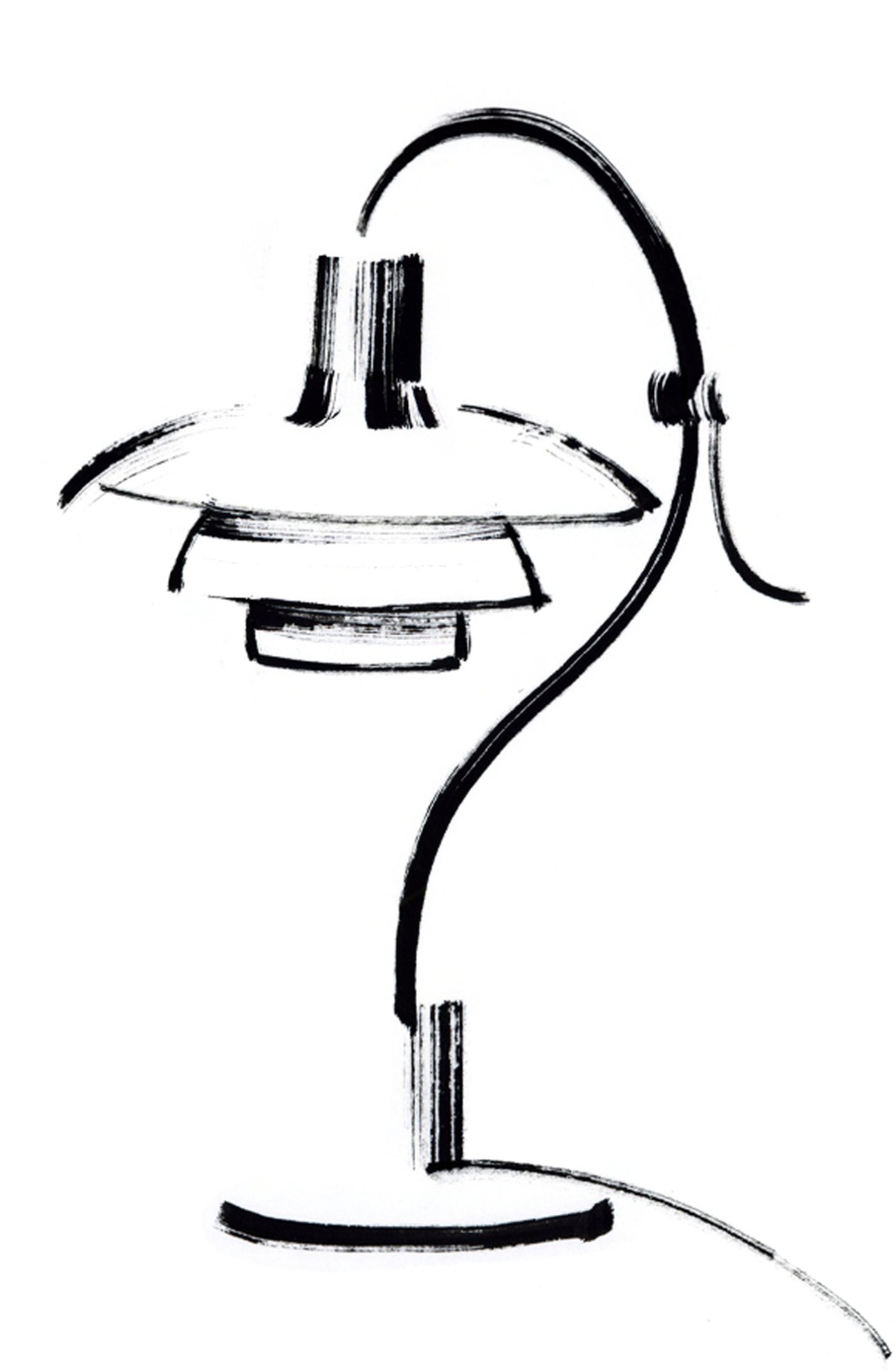 Black ink sketch of a modernist desk lamp with curved adjustable arm and tiered circular shade on round base