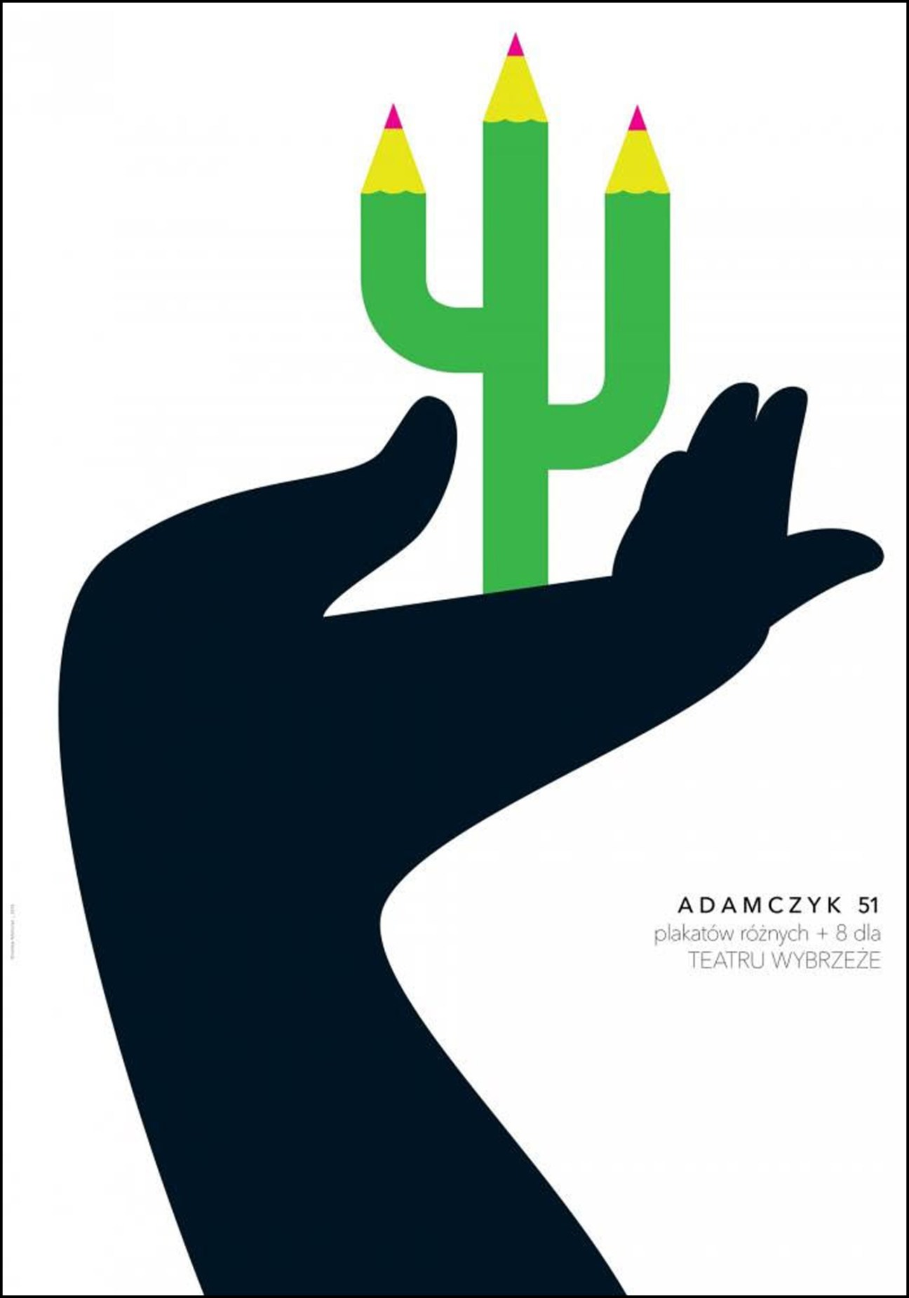Stylized poster showing dark hand silhouette holding green cactus with yellow and pink pencil tips