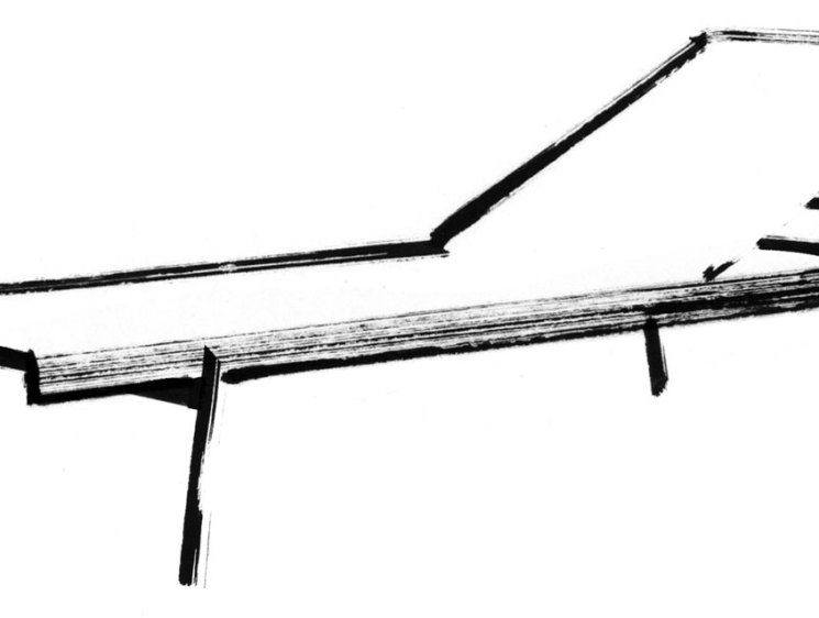 Black and white sketch of a minimalist table or bench with long rectangular top and angled legs