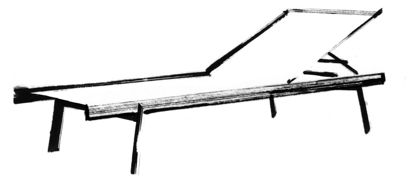 Black and white sketch of a minimalist table or bench with long rectangular top and angled legs