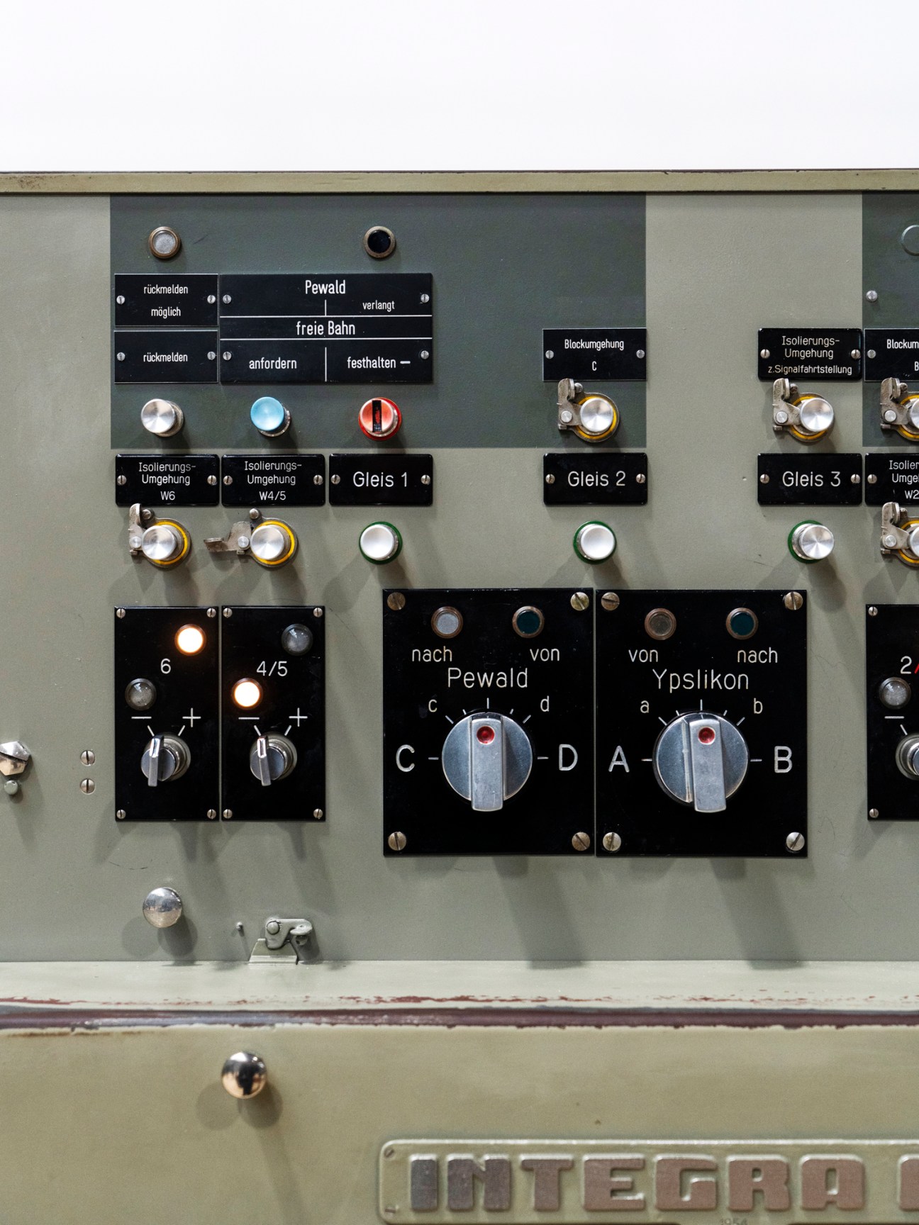 Electronic switchboard control panel with lights and switches for managing railway signalling station