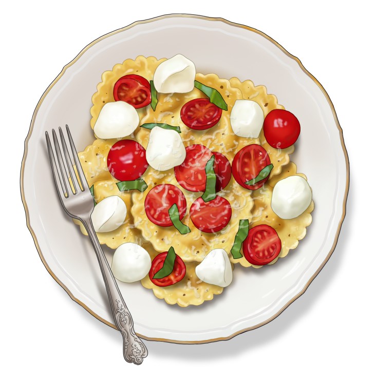 Illustration of ricotta and marjoram ravioli topped with tomatoes and mozzarella on a plate with fork.