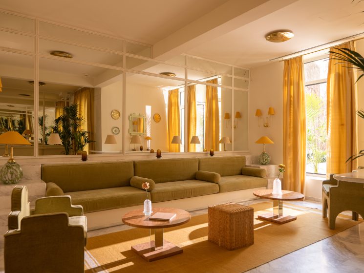 Lounge area with brown couches, wooden floors and side table.