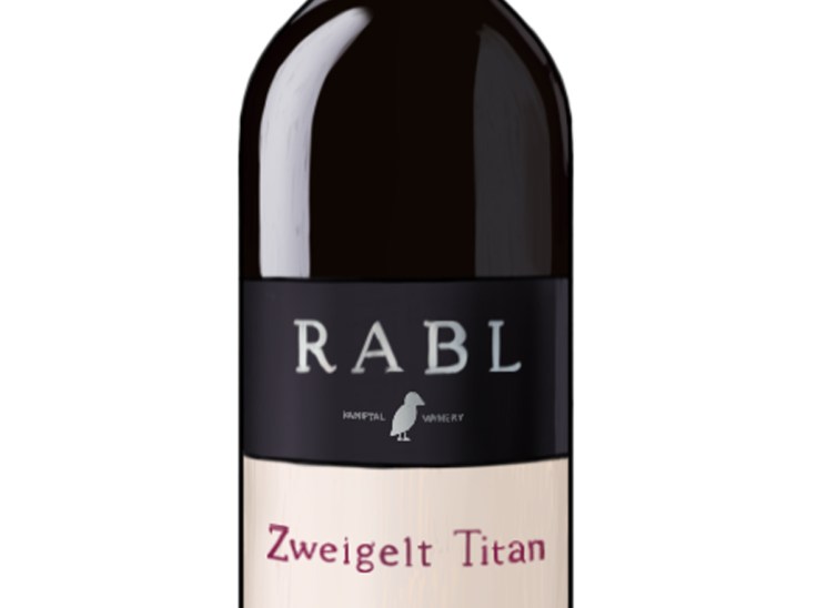 Bottle of Rabl Zweigelt Titan red wine from Austria with black label and bird emblem.