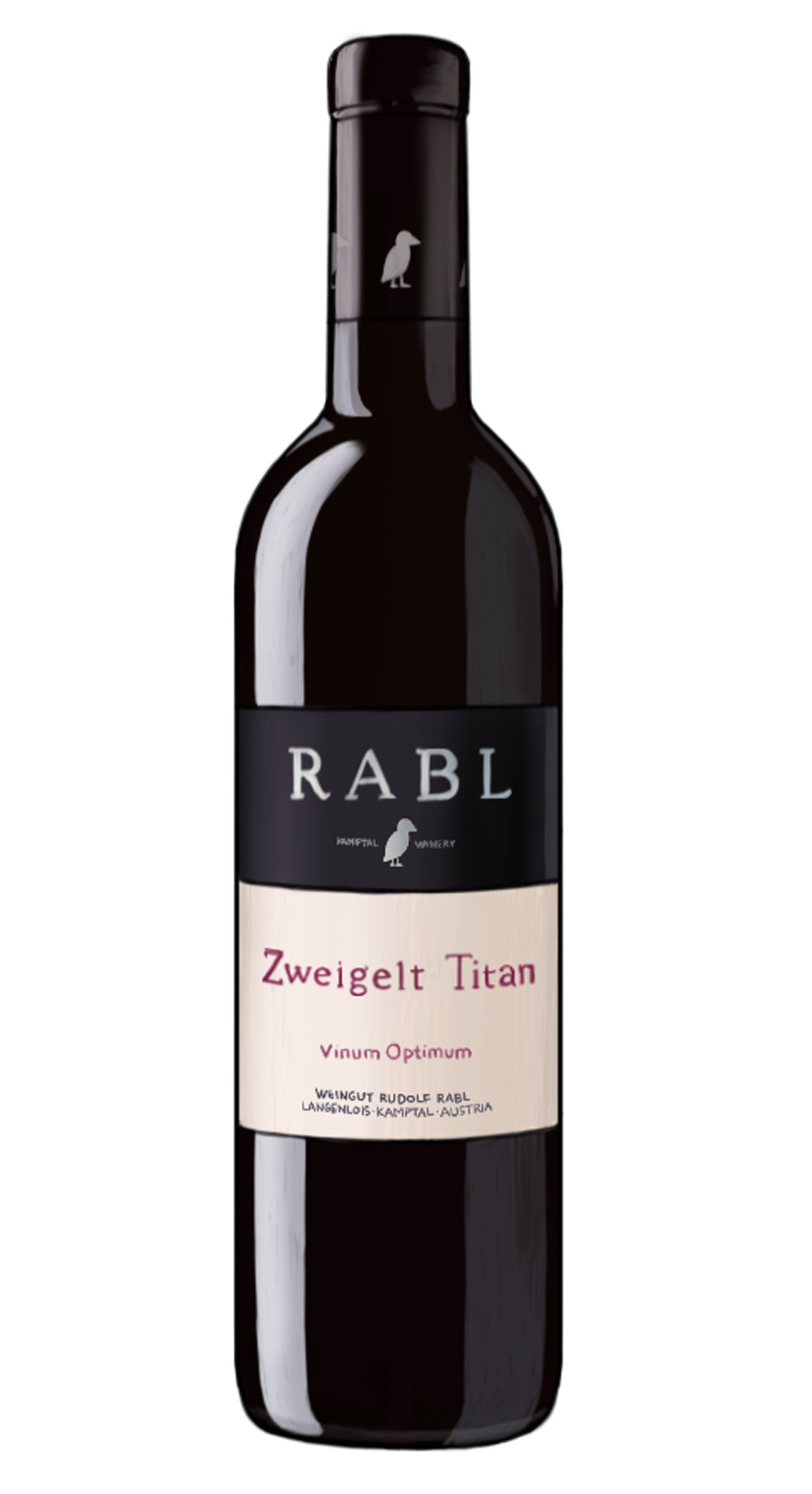 Bottle of Rabl Zweigelt Titan red wine from Austria with black label and bird emblem.