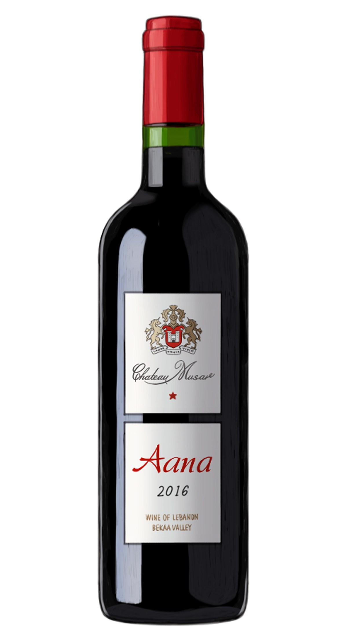 Bottle of Chateau Musar Aana 2016 Lebanese red wine with red foil capsule.