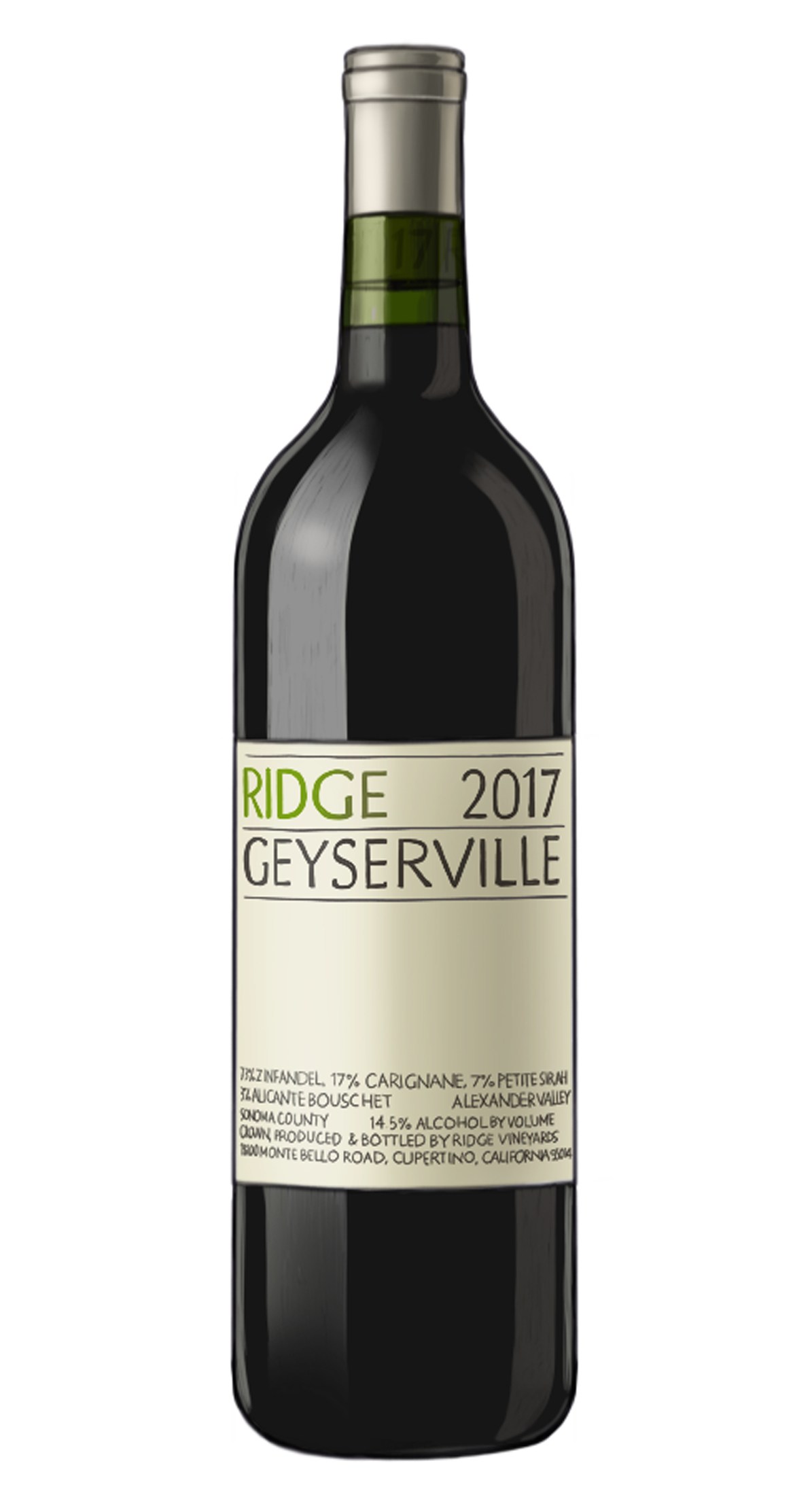 Ridge Geyserville 2017 red wine bottle from California with dark wine visible through glass.