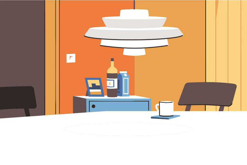 Modern dining room with pendant light over white table, chairs, and sideboard with bottles and coffee cup