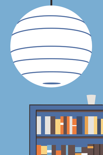 Paper lantern pendant light with horizontal stripes hanging above bookshelf