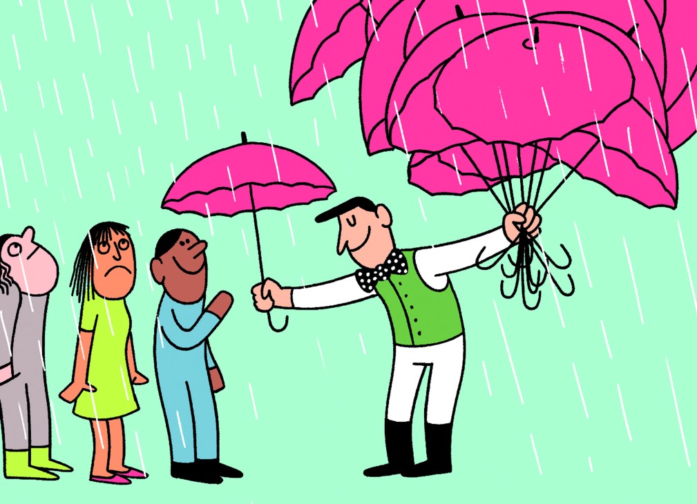 Cartoon showing a man with umbrella and flowers offering shelter to people standing in the rain