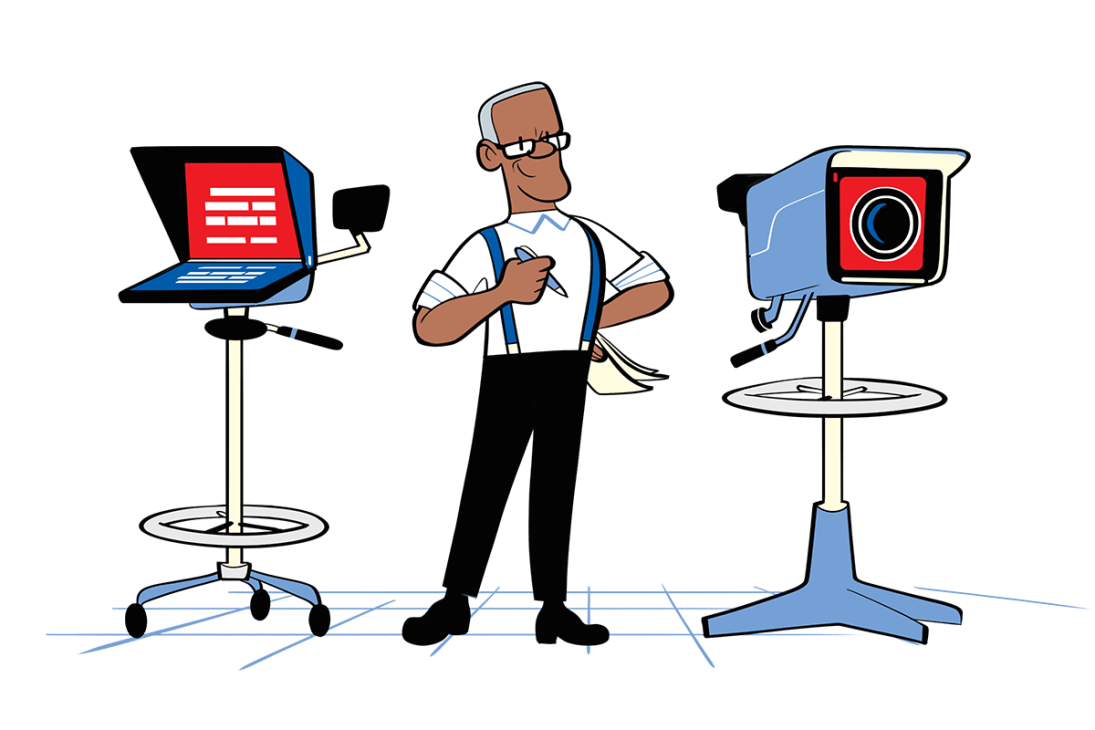 Illustrated journalist figure standing between laptop and camera equipment in broadcast setup
