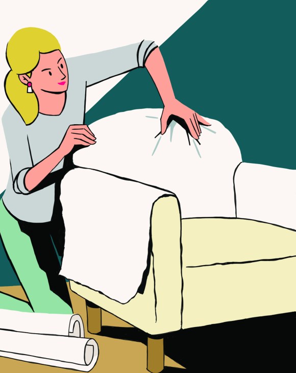 An illustrated blonde woman places a white sheet over an upholstered chair.