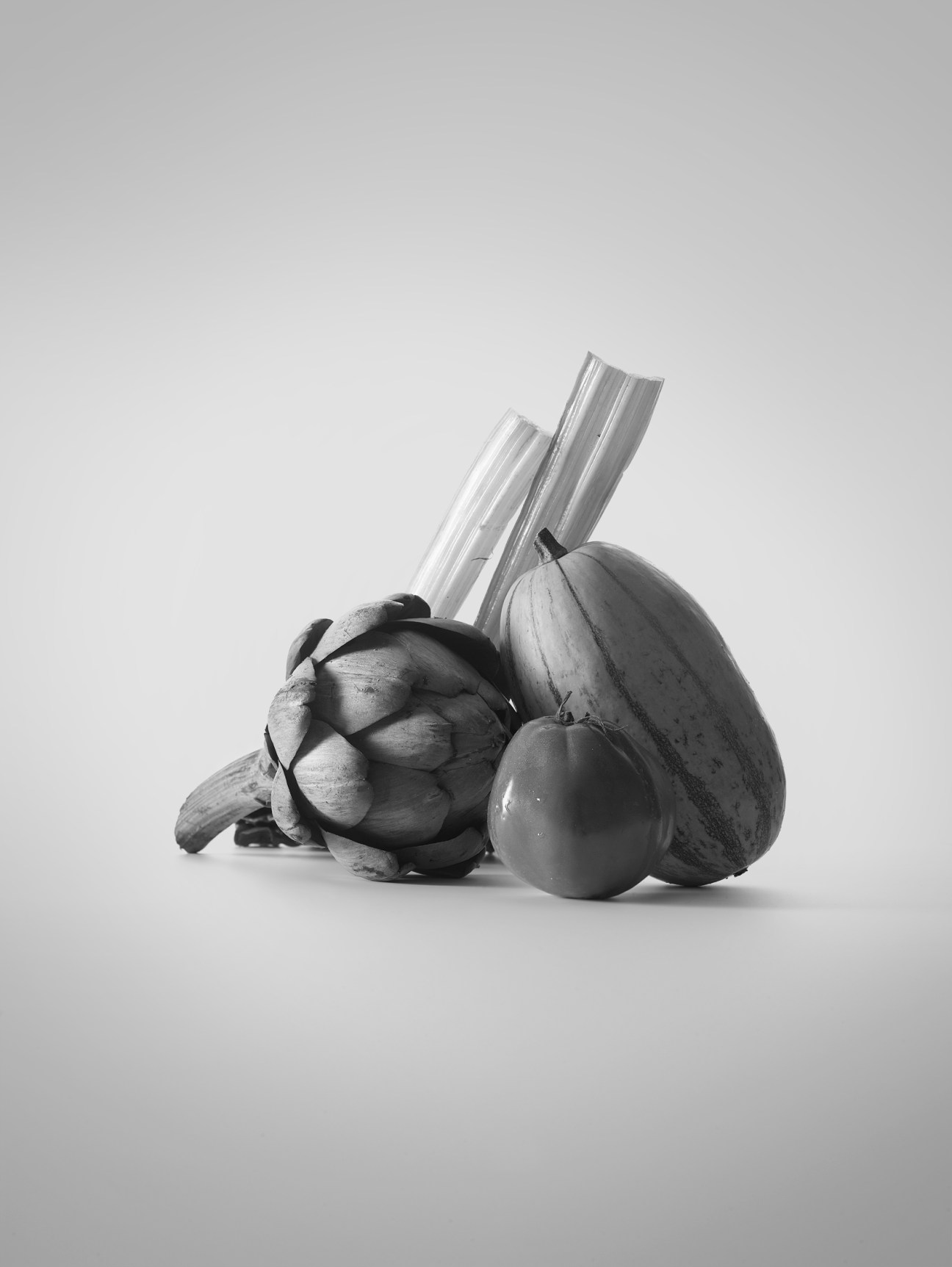 Black and white still life of vegetables including artichoke, celery stalks, and gourds arranged together