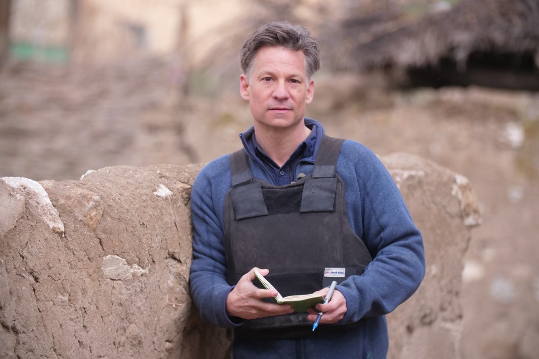 NBC News correspondent Richard Engel reporting from Syria, wearing protective gear