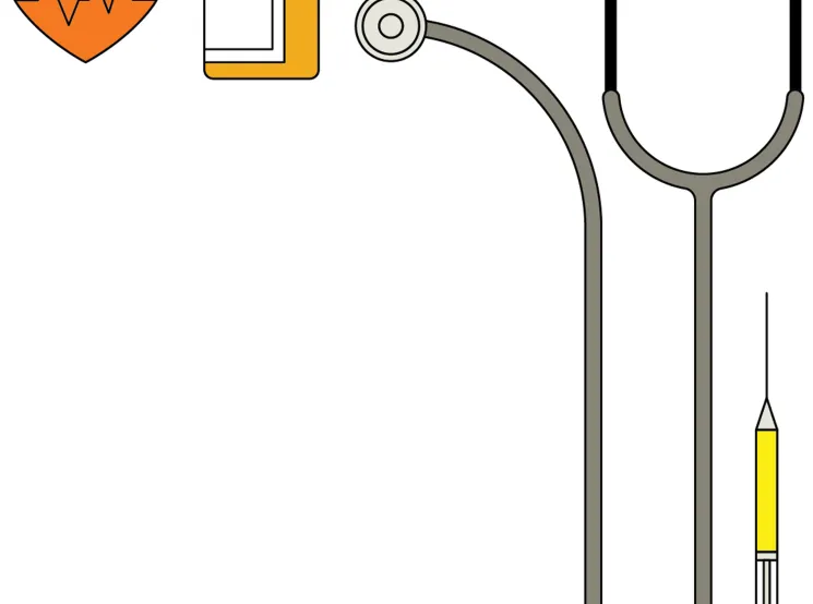 Illustration of medical icons including a heart, medication bottle, pill, stethoscope, and syringe.