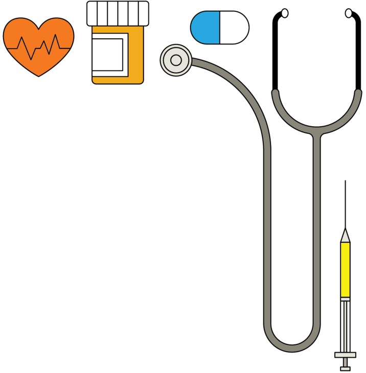 Illustration of medical icons including a heart, medication bottle, pill, stethoscope, and syringe.