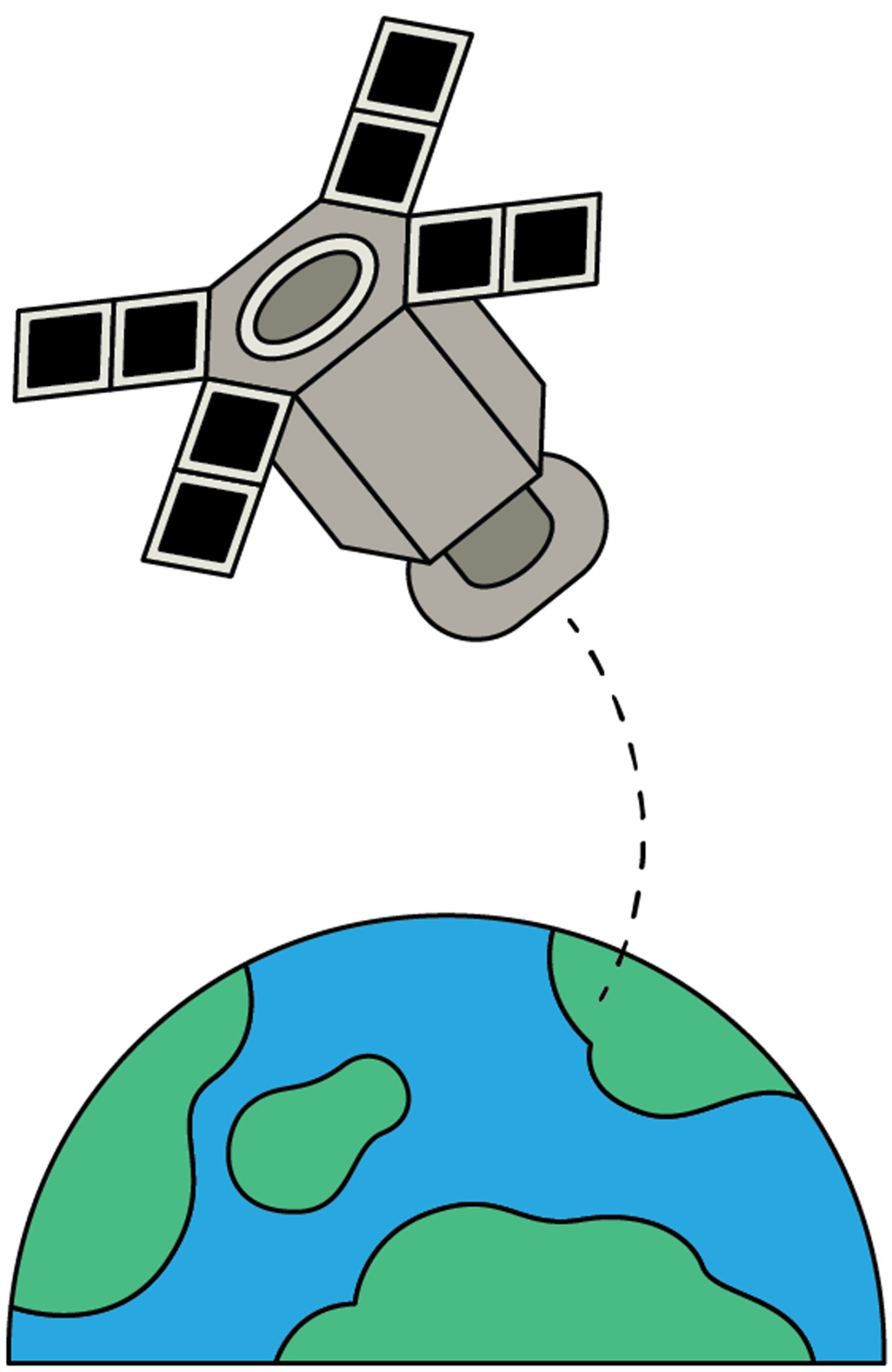 Illustration of a satellite orbiting above Earth with solar panels and antenna extended.