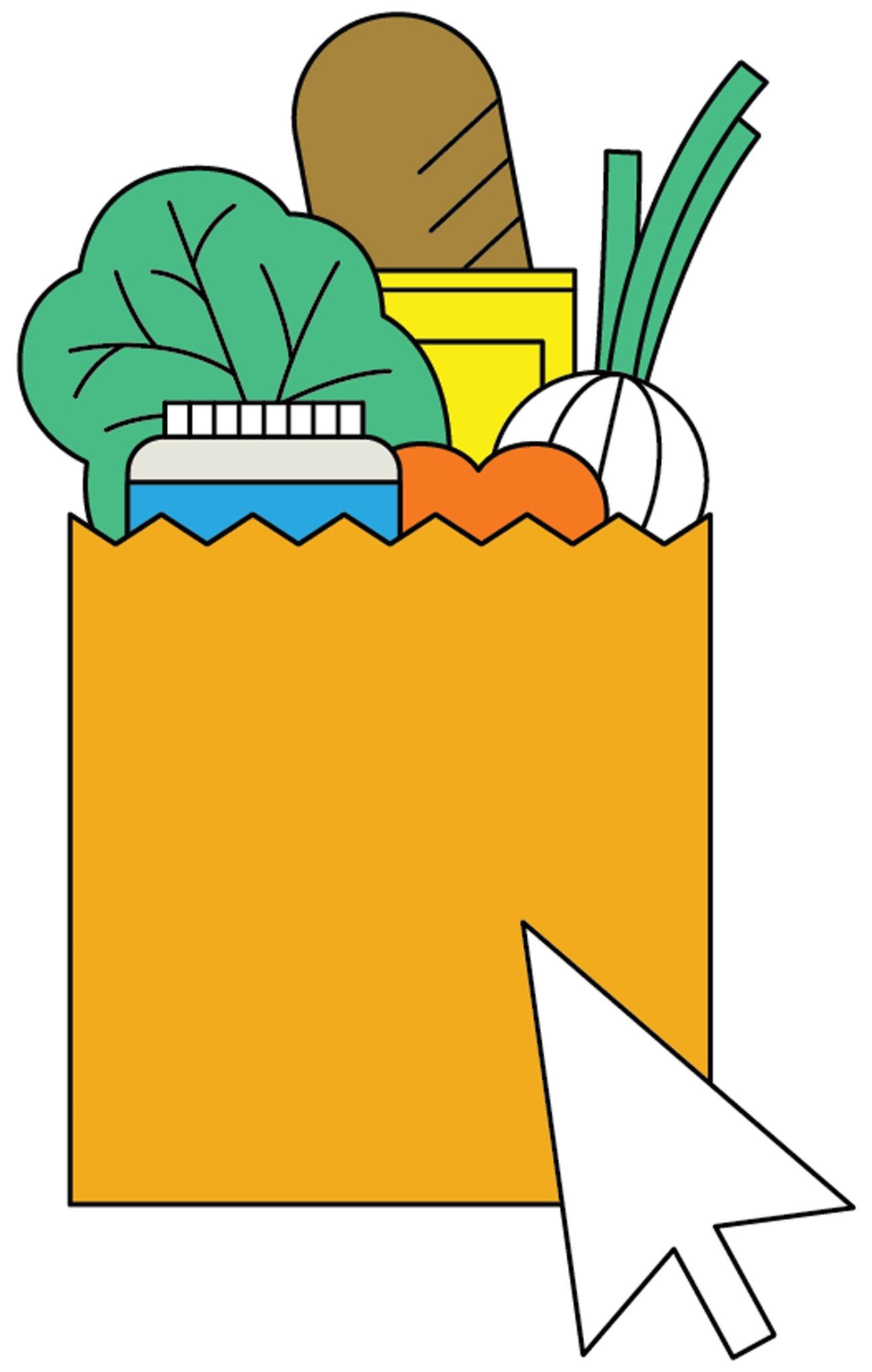 Illustration of a yellow shopping bag filled with groceries including lettuce, bread, onions, and other produce items.