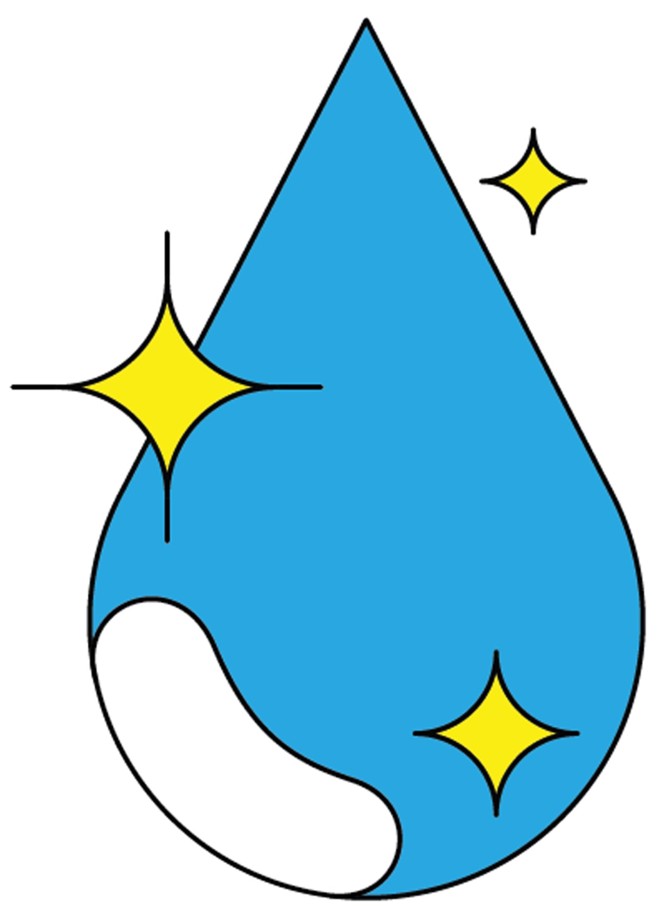 Illustration of a blue water droplet with yellow sparkles representing desalination technology.