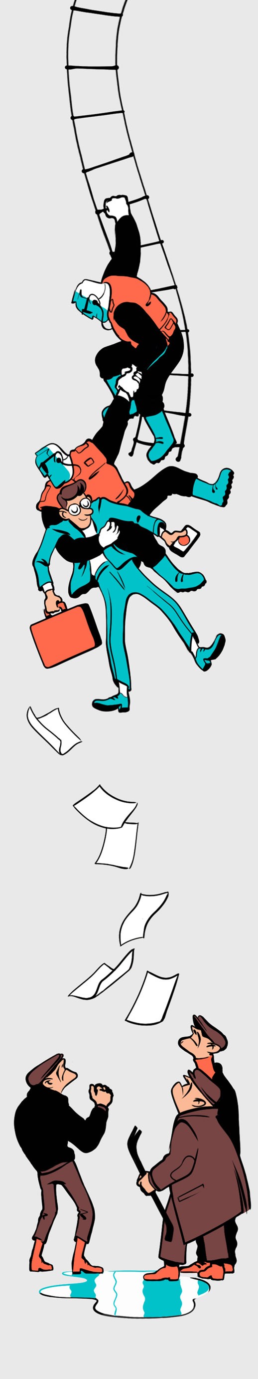 Illustration of people stacked on a ladder and falling with papers, representing crisis management.