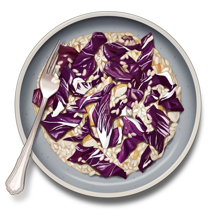 A bowl of creamy risotto with purple radicchio leaves and flaked smoked cod, served with a fork