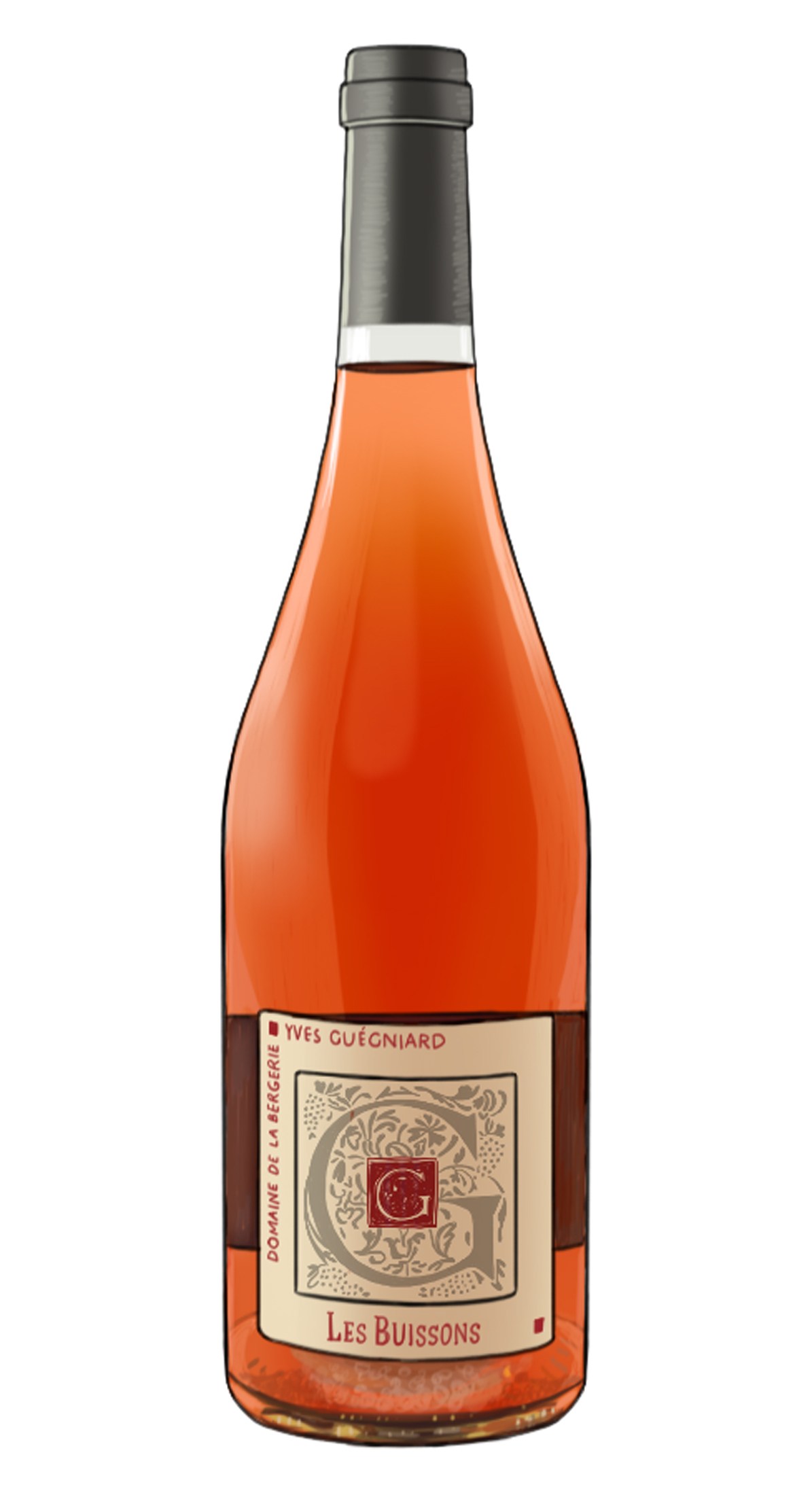Bottle of Domaine de la Bergerie Cabernet d'Anjou Les Buissons Rosé wine with orange-pink liquid and cream-colored label.