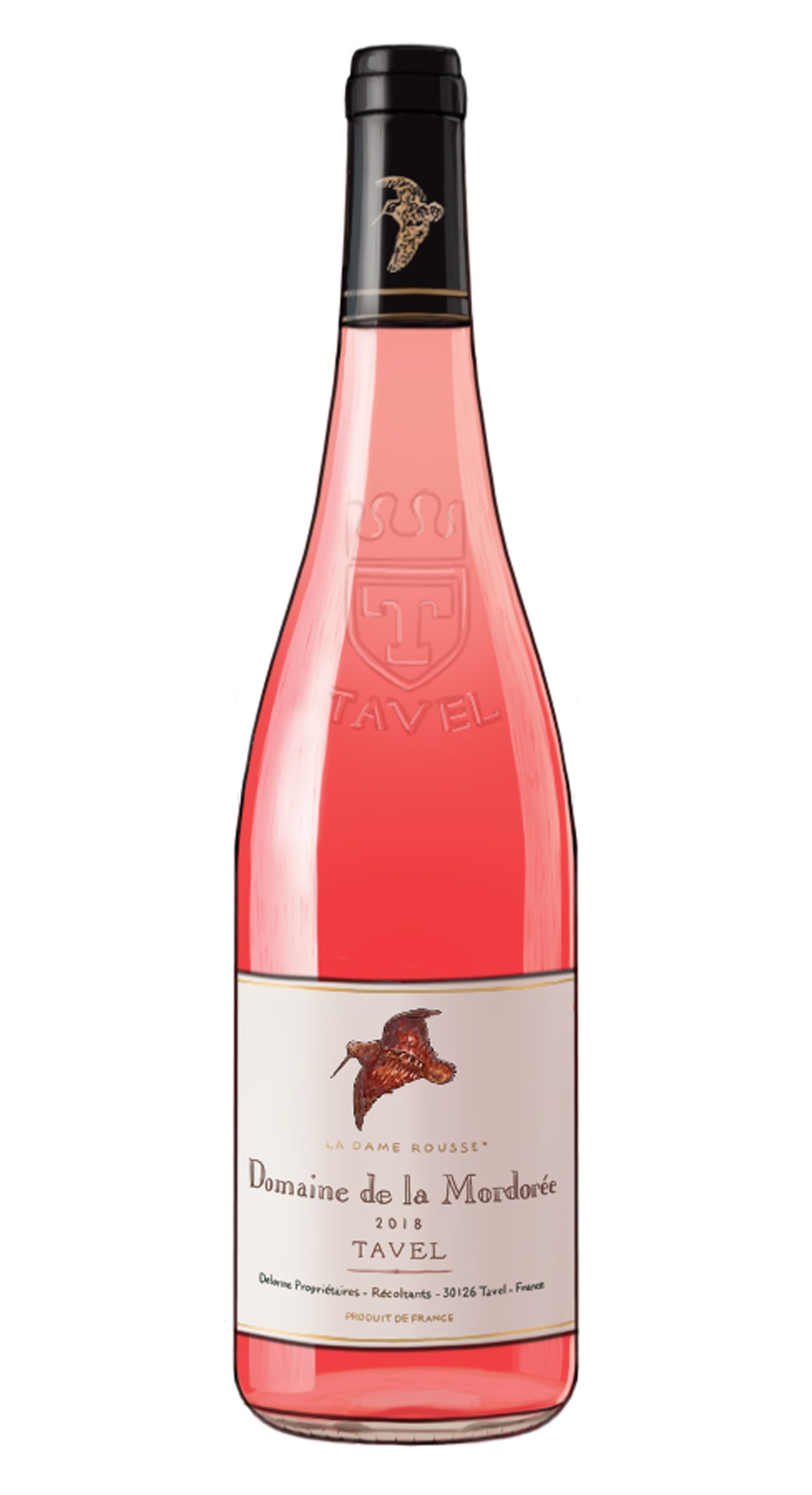 Bottle of Domaine de la Mordorée 2018 rosé wine with pink liquid and black cap.