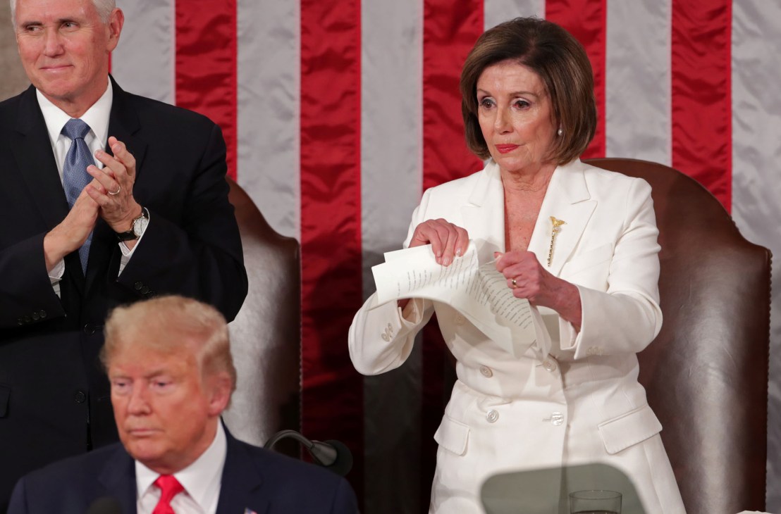 Nancy Pelosi tearing up papers during State of the Union address