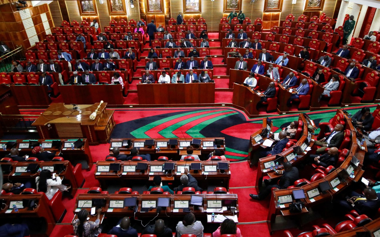 Exterior view of Kenya's parliament building showing the distinctive domed architecture and formal entrance
