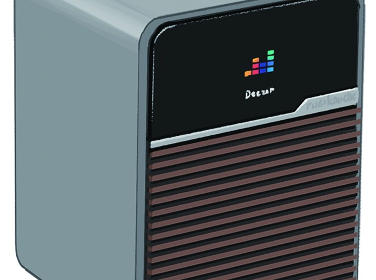 Ruark R1S Smart Radio with grey lacquer case and walnut grille on white background
