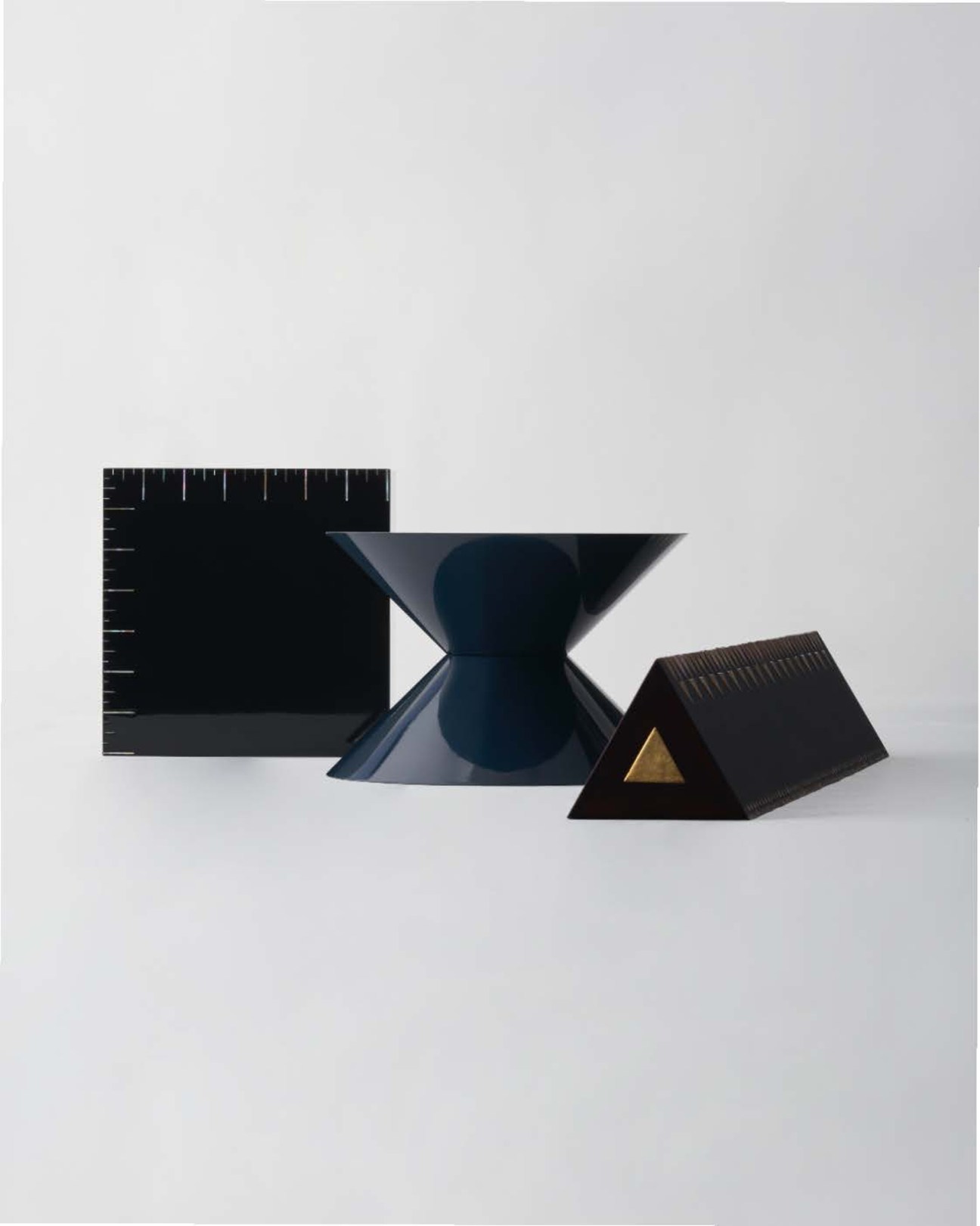 Three decorative wooden rulers with lacquer finish, mother-of-pearl inlay and gold leaf detailing by Korean artisan Sungyoul Park