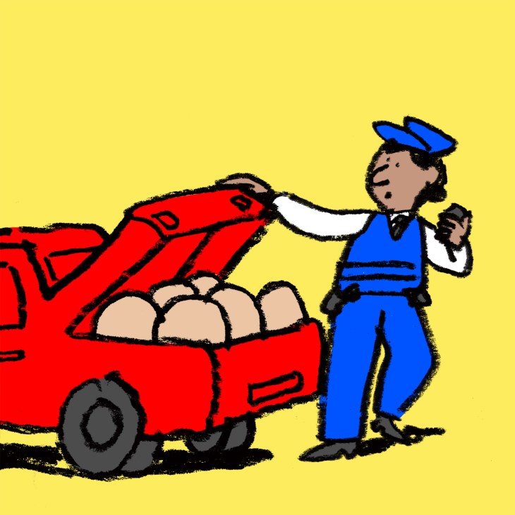 Cartoon illustration of a person in blue uniform and cap standing next to a red convertible car