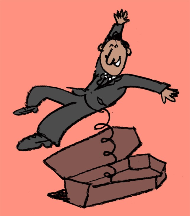 Illustration of a man in a suit jumping up from an open coffin with arms raised
