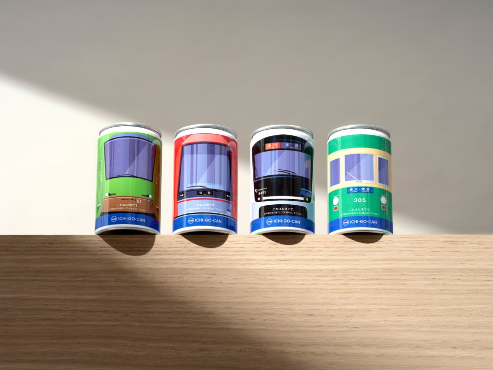 Ichi-Go-Can saké cans designed to look like Odakyu Railway trains, showing the perfect partnership between packaging and content