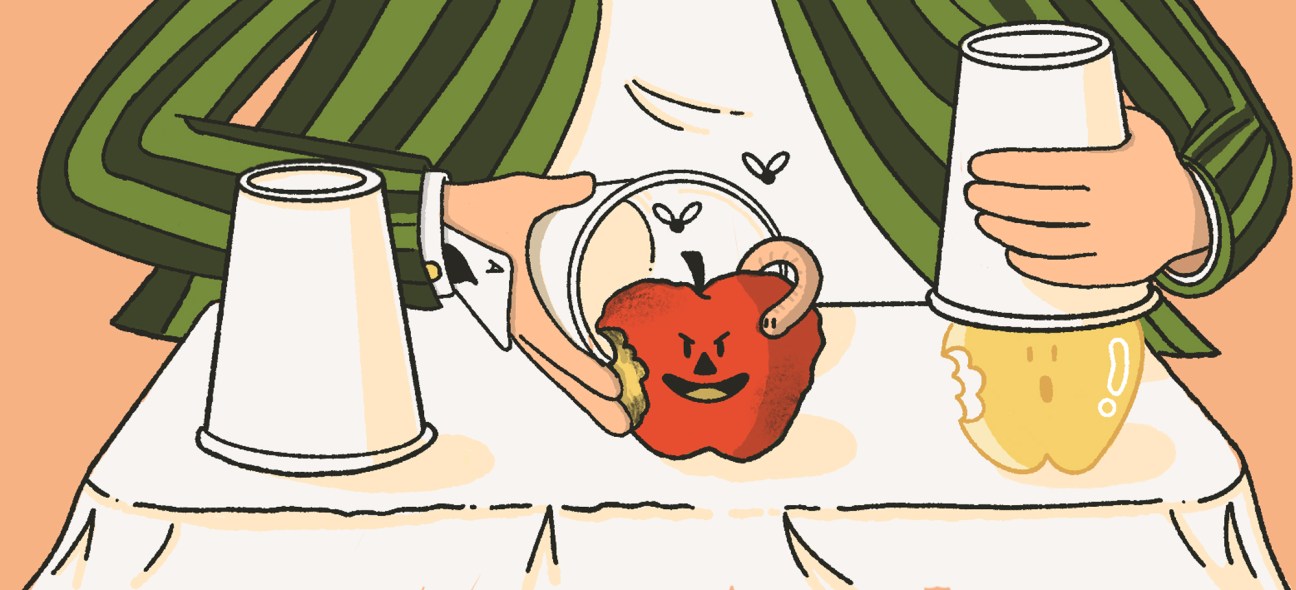 Illustration of hands holding fruit and cups at a market stall with white apron