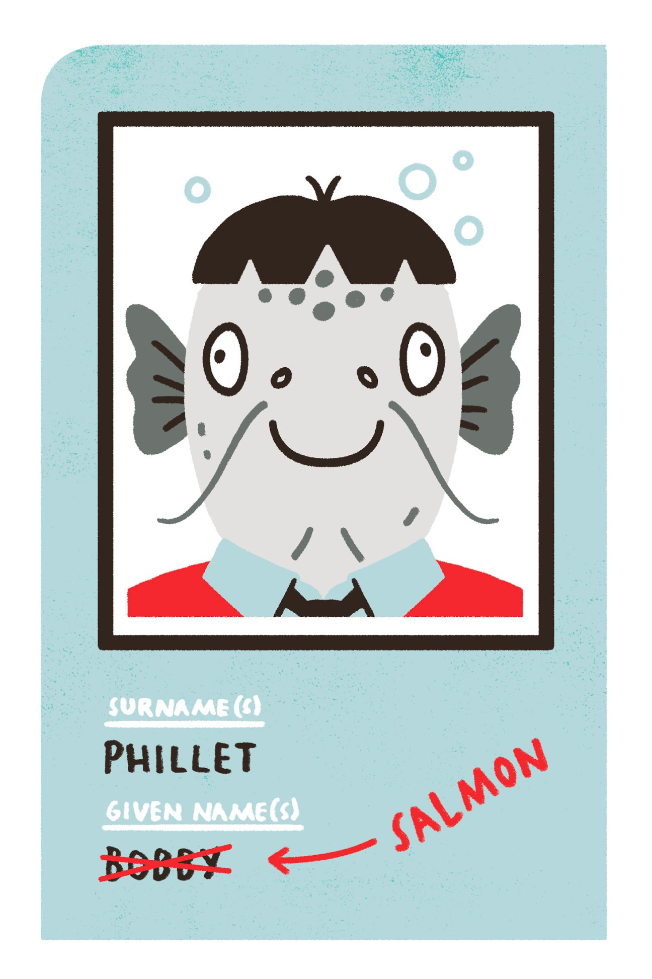 Illustrated ID card showing cartoon fish character with human hair wearing red shirt, name changed from crossed-out text to SALMON