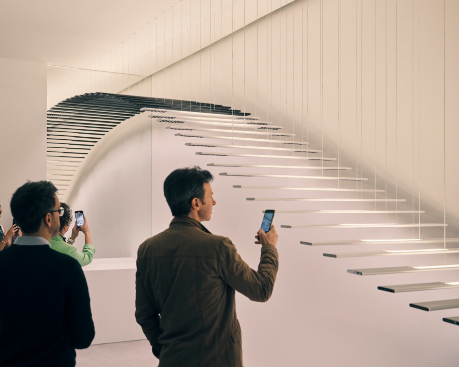 Workmates suspension and floor lamps by Flos with thin linear design displayed at Salone del Mobile