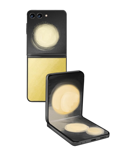 Samsung Galaxy Z Flip5 smartphone shown folded and unfolded, displaying its compact foldable design