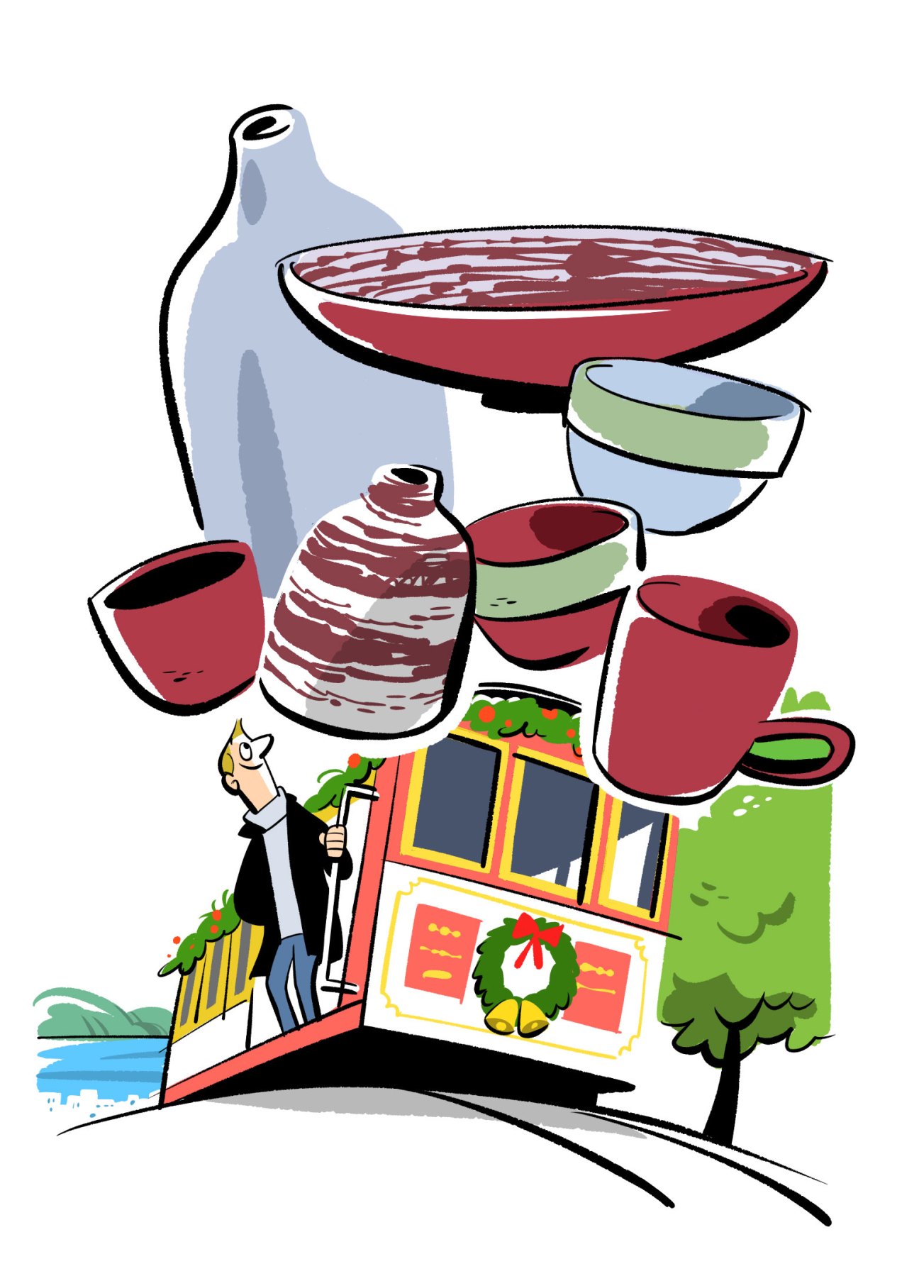 Stylized illustration of pottery, ceramics and a small train with Christmas decorations