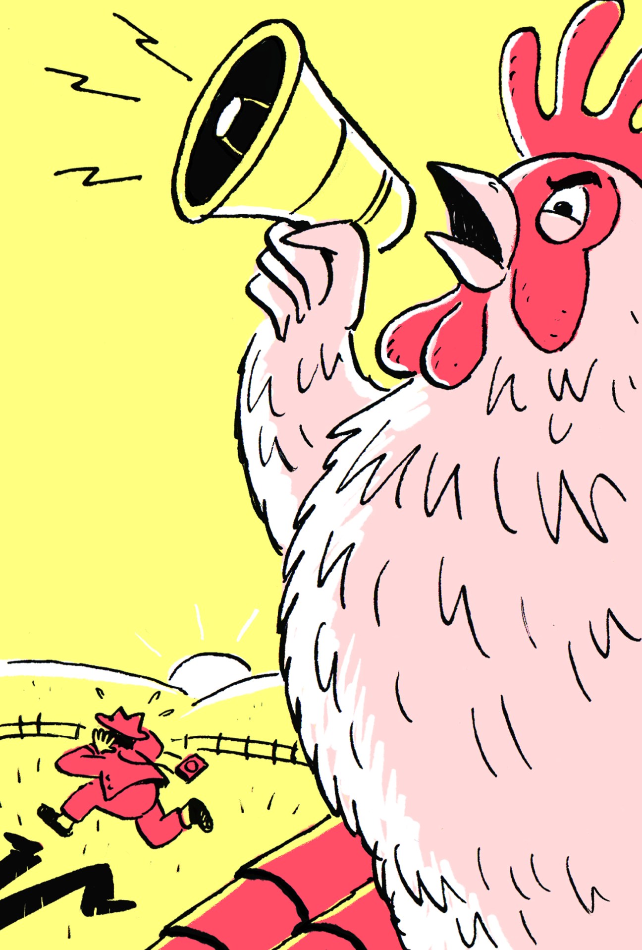 Cartoon rooster holding megaphone with person running away in rural countryside setting