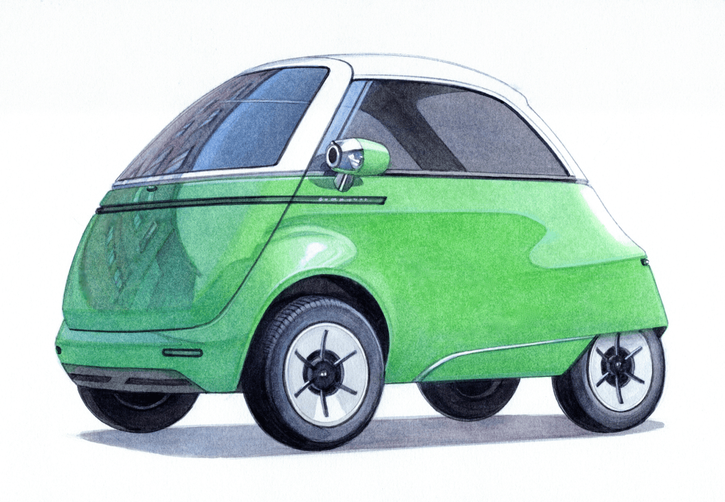 Illustration of green compact electric vehicle with rounded design and white roof