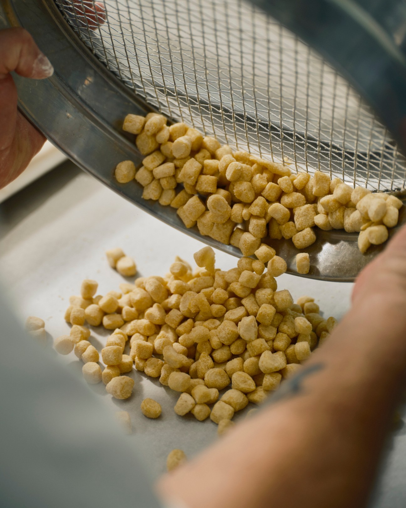 Roasted chickpeas being sifted through a metal strainer onto a white surface at Scaturchio bakery.