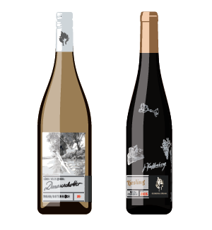Two wine bottles with white and red wines featuring artistic black and white label designs