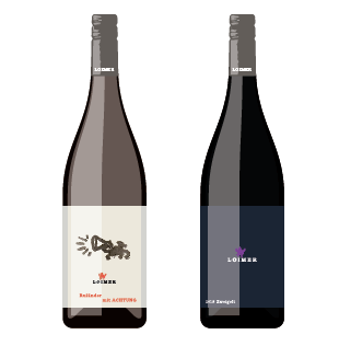 Two wine bottles from Austrian winery with white and dark labels against plain background